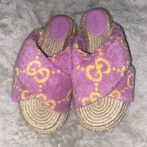 Gucci Pink & Yellow Terry Crossband Espadrille Slides